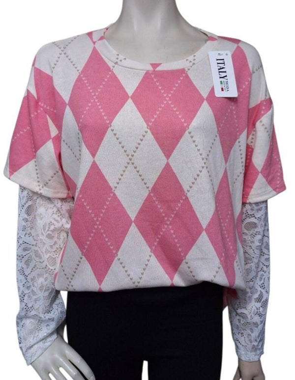 Geruite trui met hartjes & kanten mouwen roze