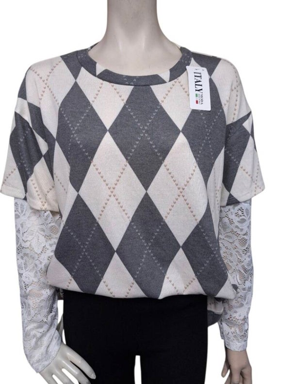 Geruite trui met hartjes & kanten grijs