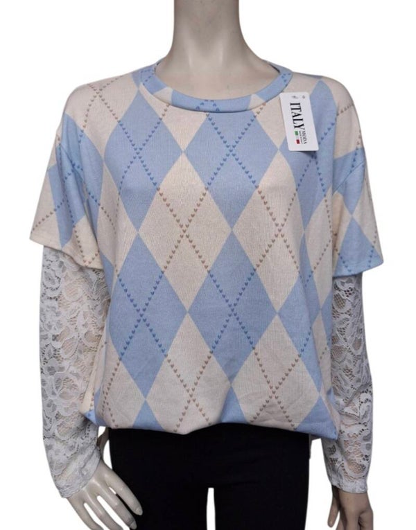 Geruite trui met hartjes & kanten mouwen lichtblauw