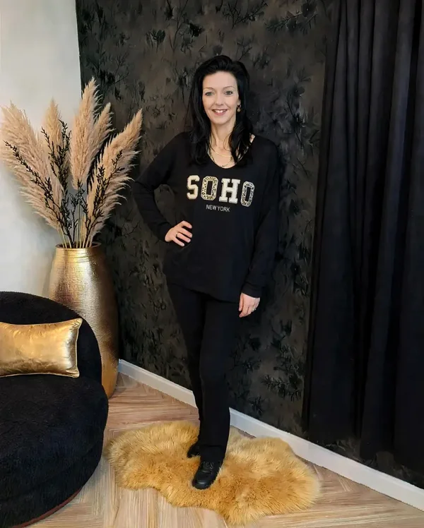 Dames Sweater SoHo Zwart - Warme Zwarte Trui Met Fleece Voering
