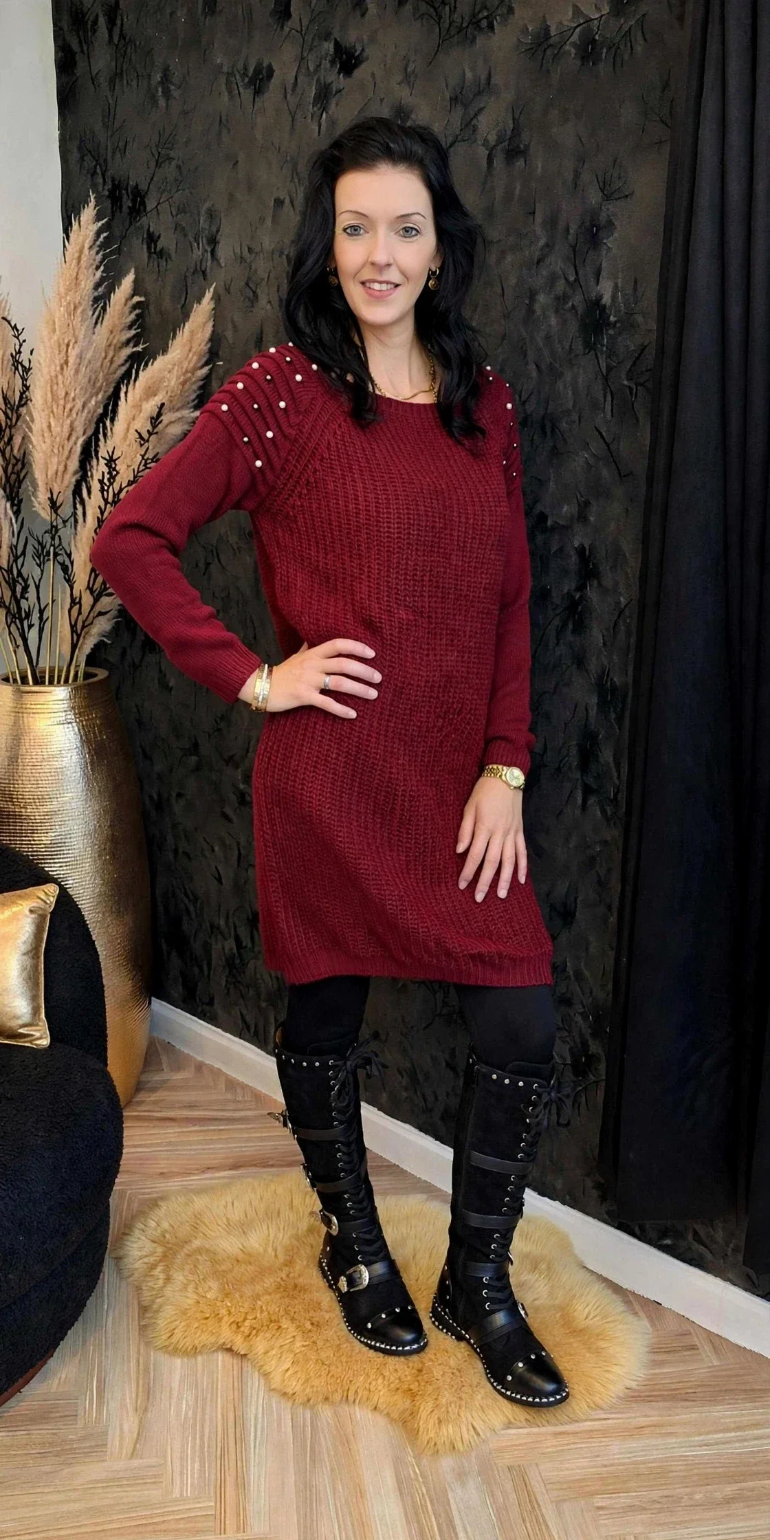 Bordeaux Gebreide Trui Jurk met Parel Details - Lange Sweater Jurk Dames