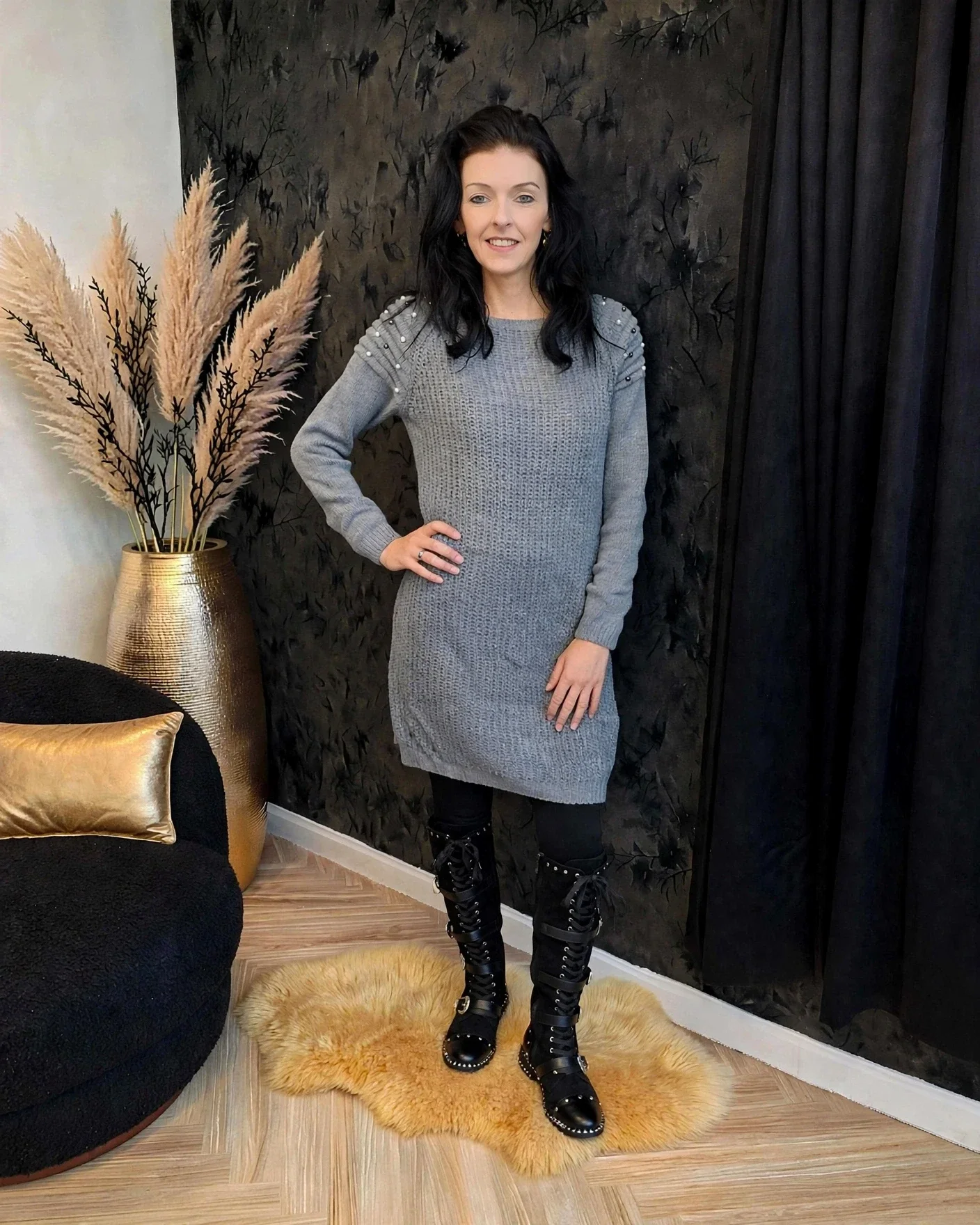 Grijs Gebreide Trui Jurk met Parel Details - Lange Sweater Jurk Dames
