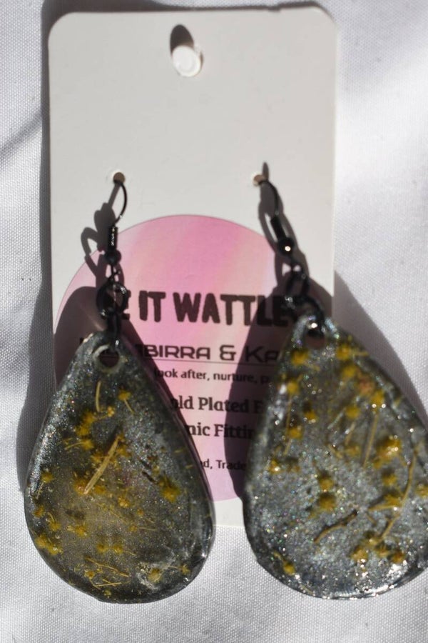 Be It Wattle Large Teardrop Earrings - Charcoal Glitter