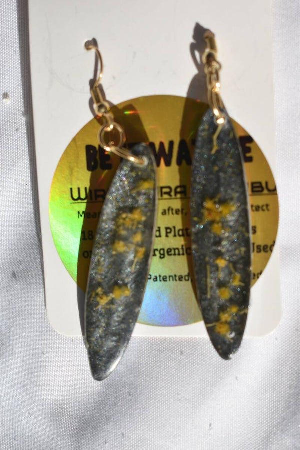 Be It Wattle Long Narrow Leaf Earrings - Charcoal Glitter