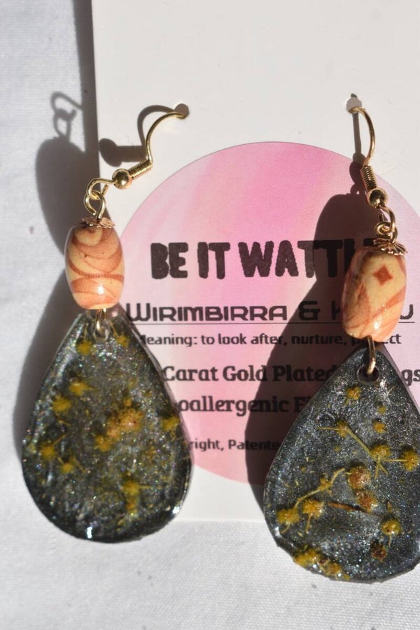 Be It Wattle Large Teardrop Earrings - Charcoal Glitter