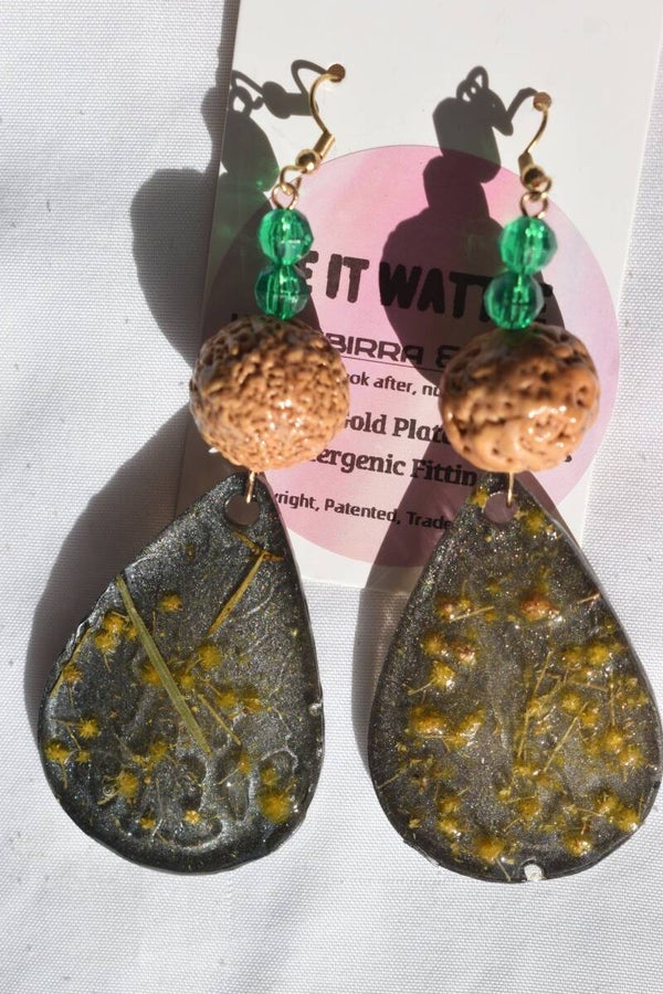 Be It Wattle Large Teardrop Earrings - Charcoal Glitter