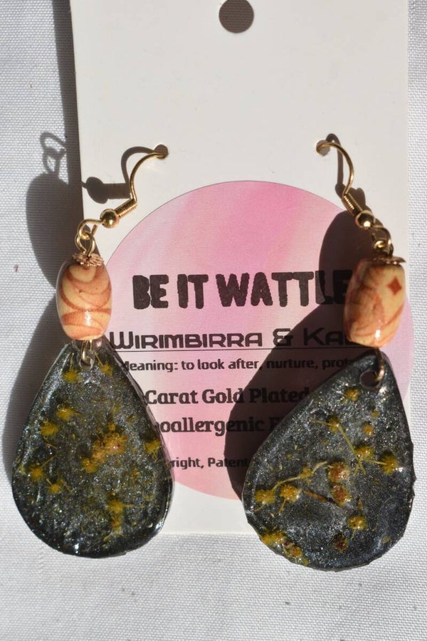Be It Wattle Large Teardrop Earrings - Charcoal Glitter