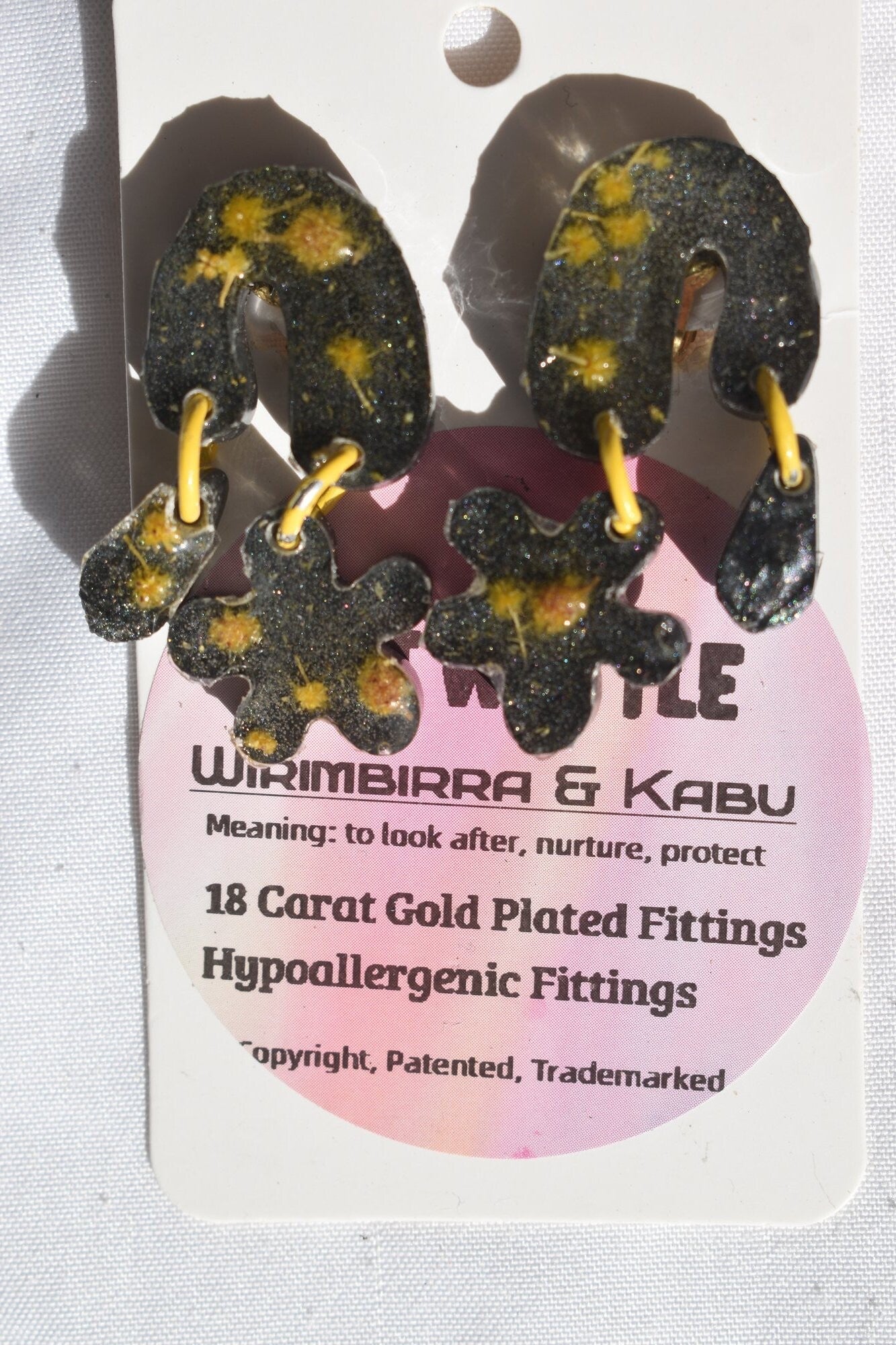Be It Wattle Flower Stud & Oval Dangle Earrings - Charcoal Glitter