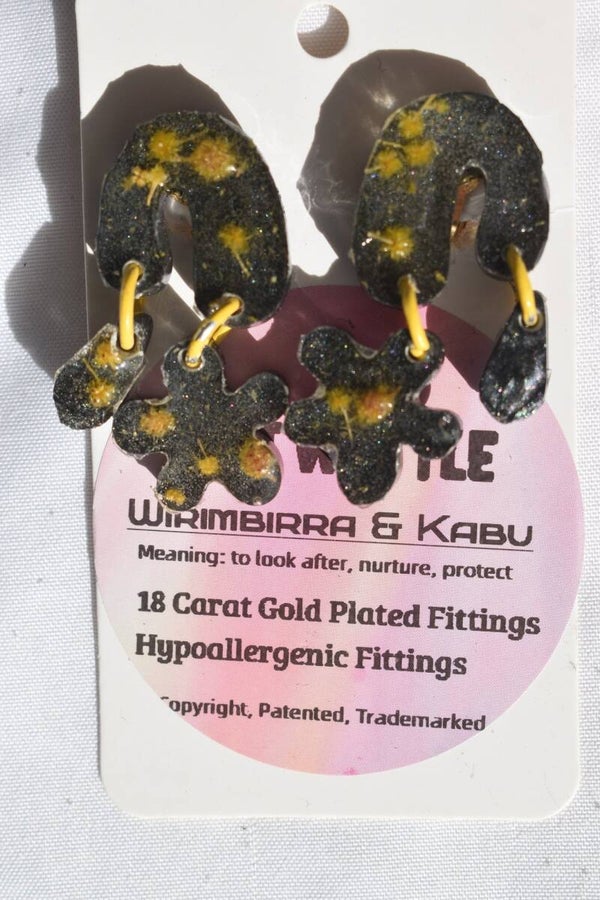 Be It Wattle Flower Stud & Oval Dangle Earrings - Charcoal Glitter