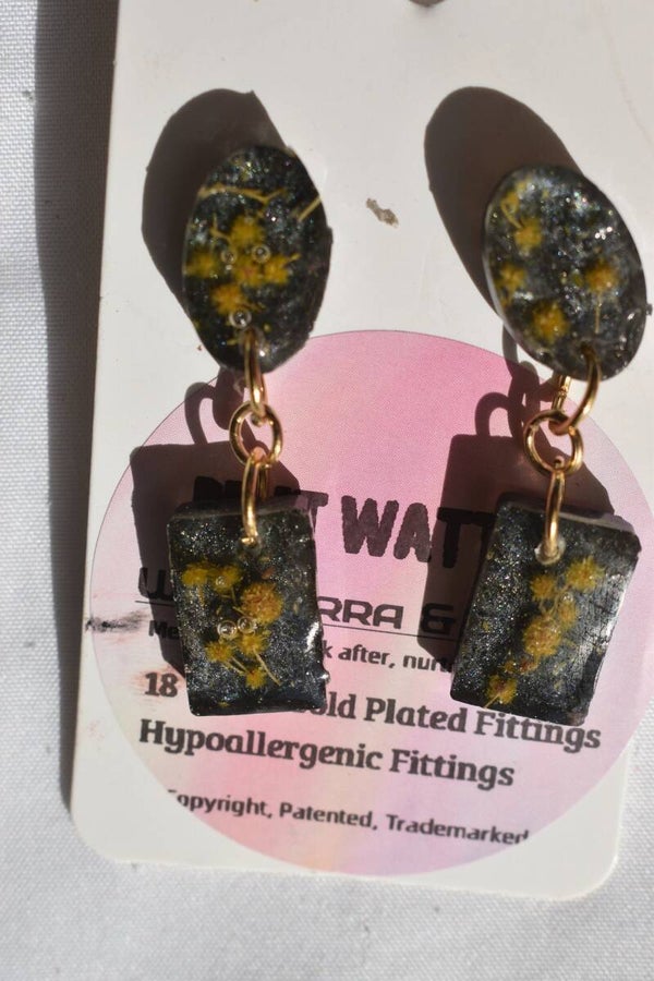 Be It Wattle Rectangle Stud & Oval Dangle Earrings - Charcoal Glitter