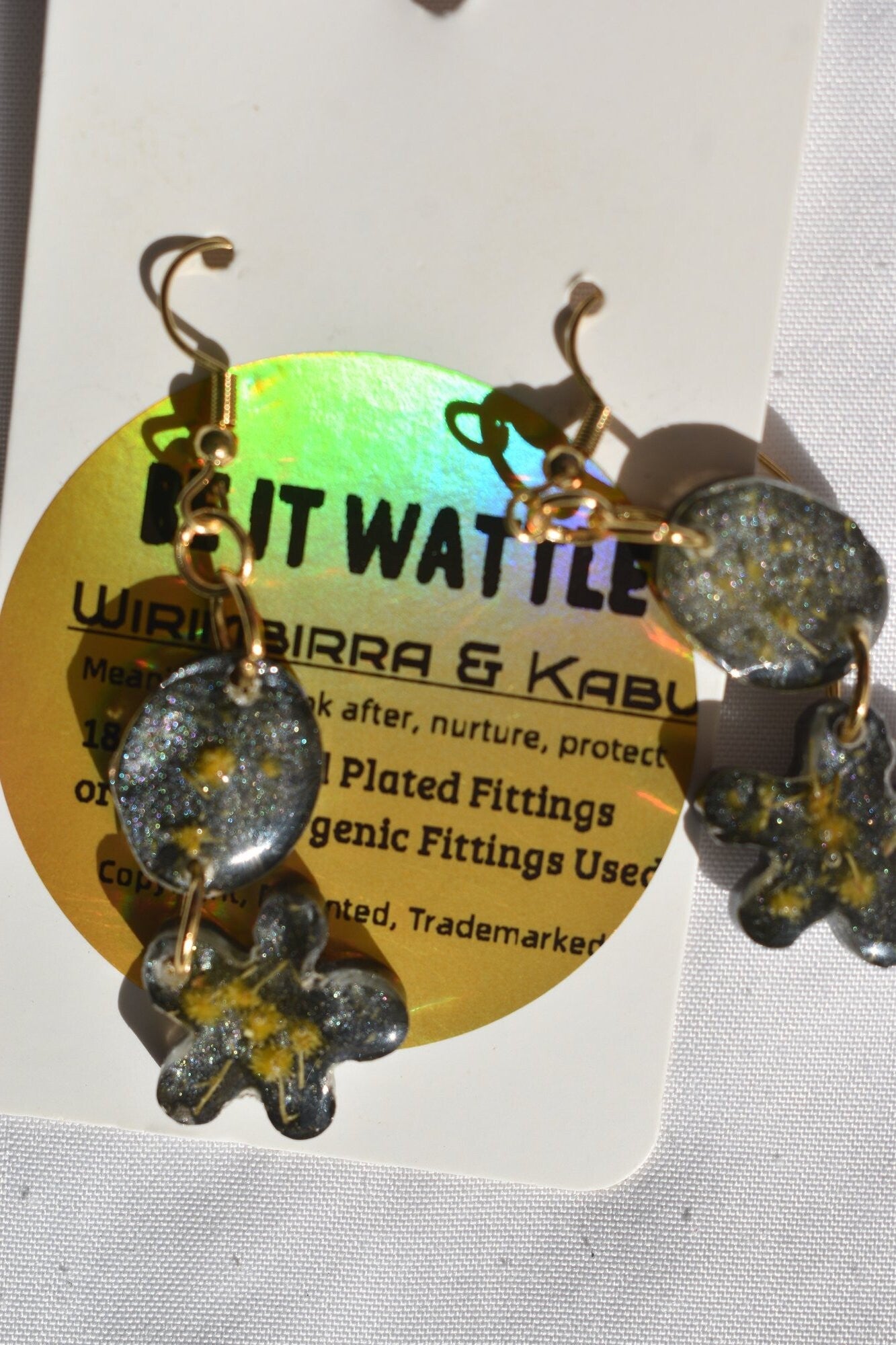 Be It Wattle Flower Stud & Oval Dangle Earrings - Charcoal Glitter