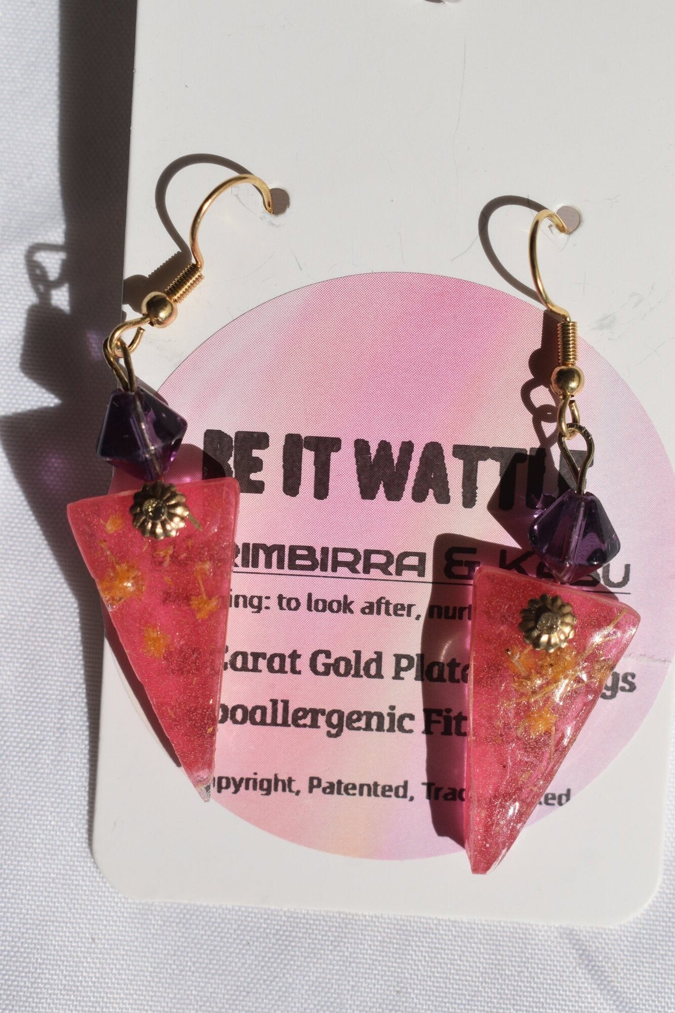 Be It Wattle Rounded Triangle With Diamond Bead Dangle Earrings - Pink