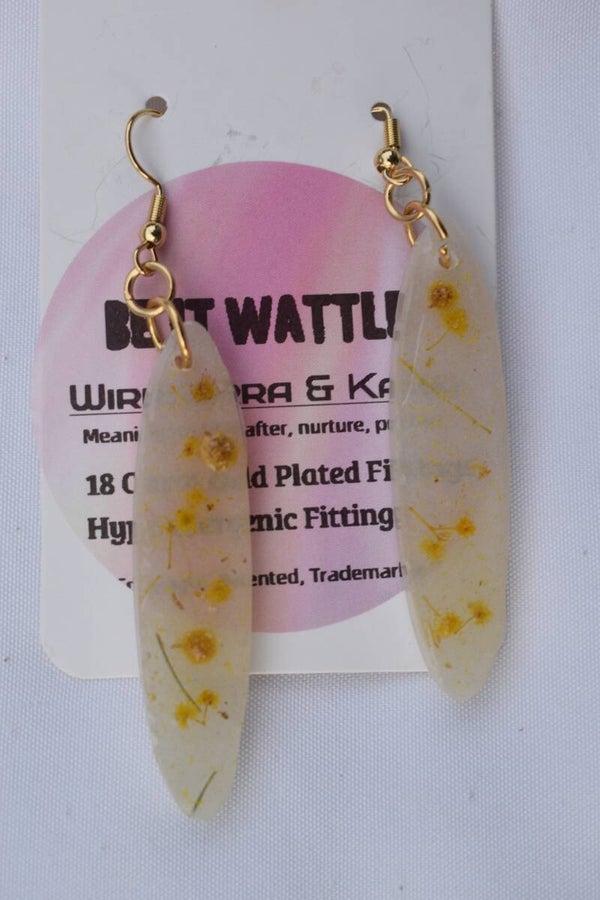 Be It Wattle Long Narrow Leaf Earrings - Cream & Clear