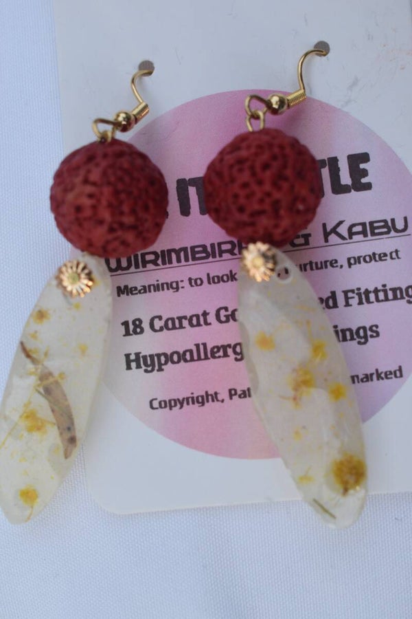 Be It Wattle Long Leaf & Round Bead Dangle Earrings - Cream & Clear
