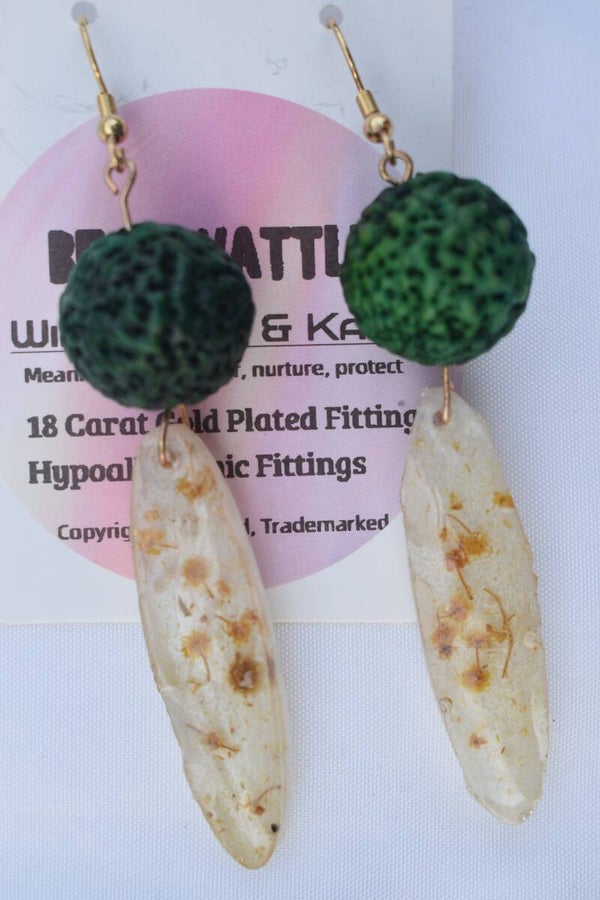 Be It Wattle Long Leaf & Round Bead Dangle Earrings - Cream & Clear