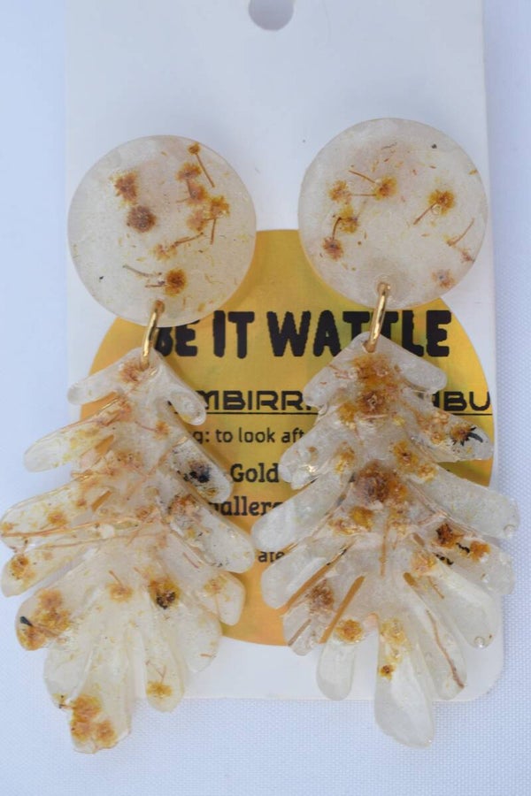 Be It Wattle Round Stud Top & Frond Leaf Dangle Earrings - Cream & Clear