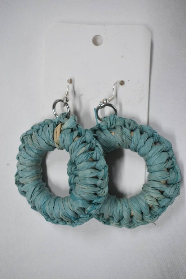 Round Hoop Raffia Earrings - Teal & Sage Green