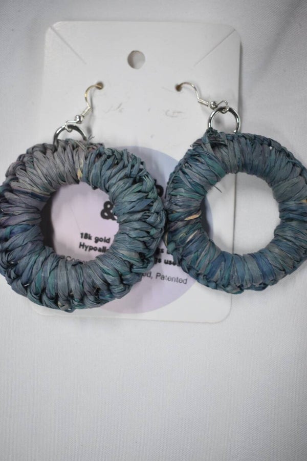 Round Hoop Raffia Earrings - Dark Teal & Blue-Grey
