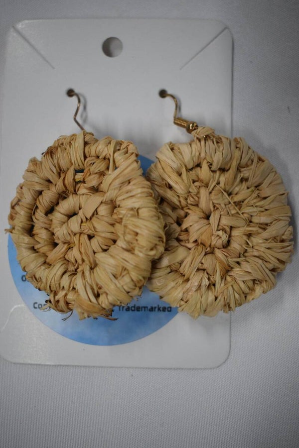 Round Spiral Disc Raffia Earrings - Natural & Tan
