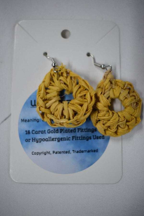 Small Round Hoop Raffia Earrings - Mustard Yellow