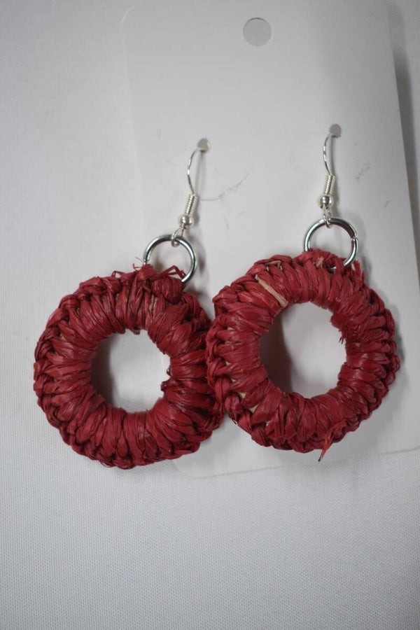 Small Round Hoop Raffia Earrings - Red
