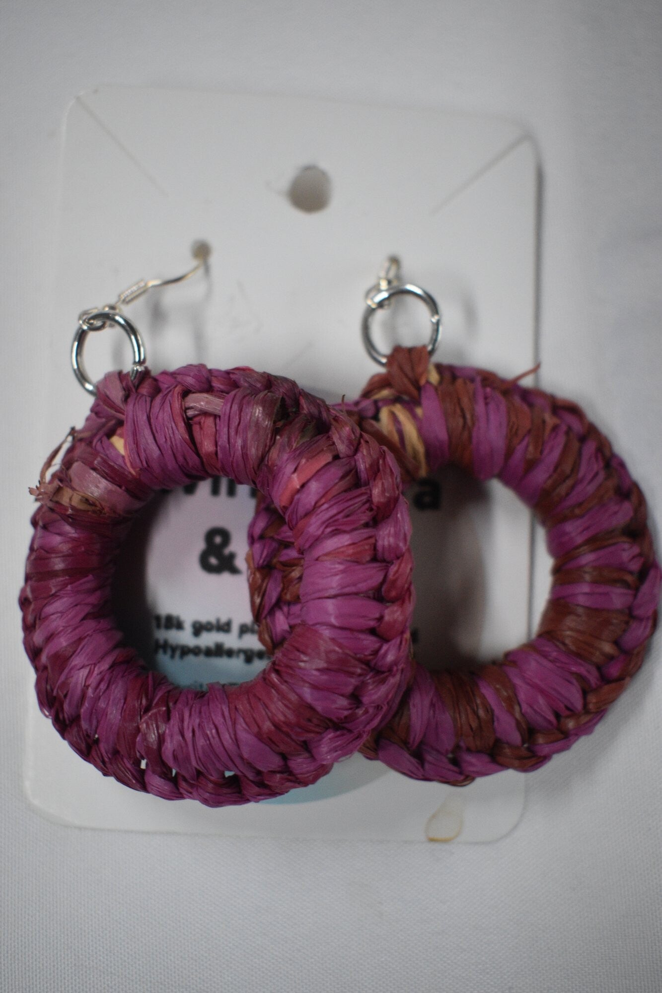 Large Round Hoop Raffia Earrings - Magenta & Burgundy