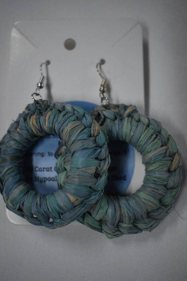 Large Round Hoop Raffia Earrings - Teal & Blue