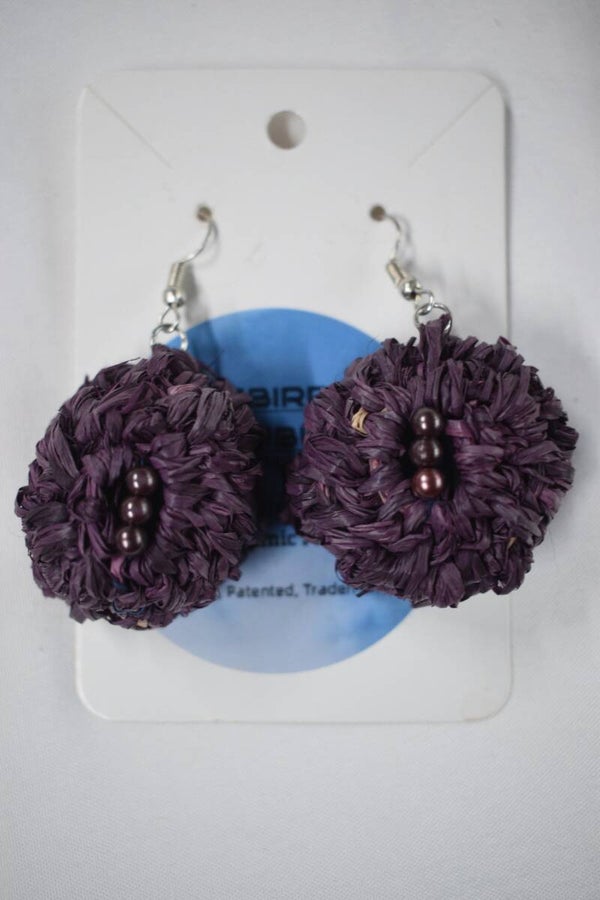 Small Round Disc Raffia Earrings - Dark Purple