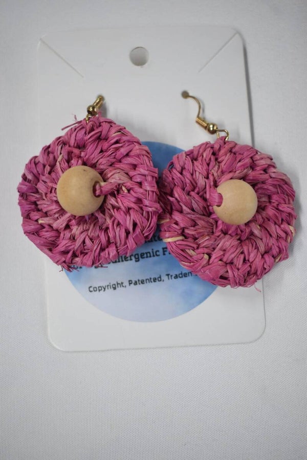 Round Disc Raffia Earrings - Pink