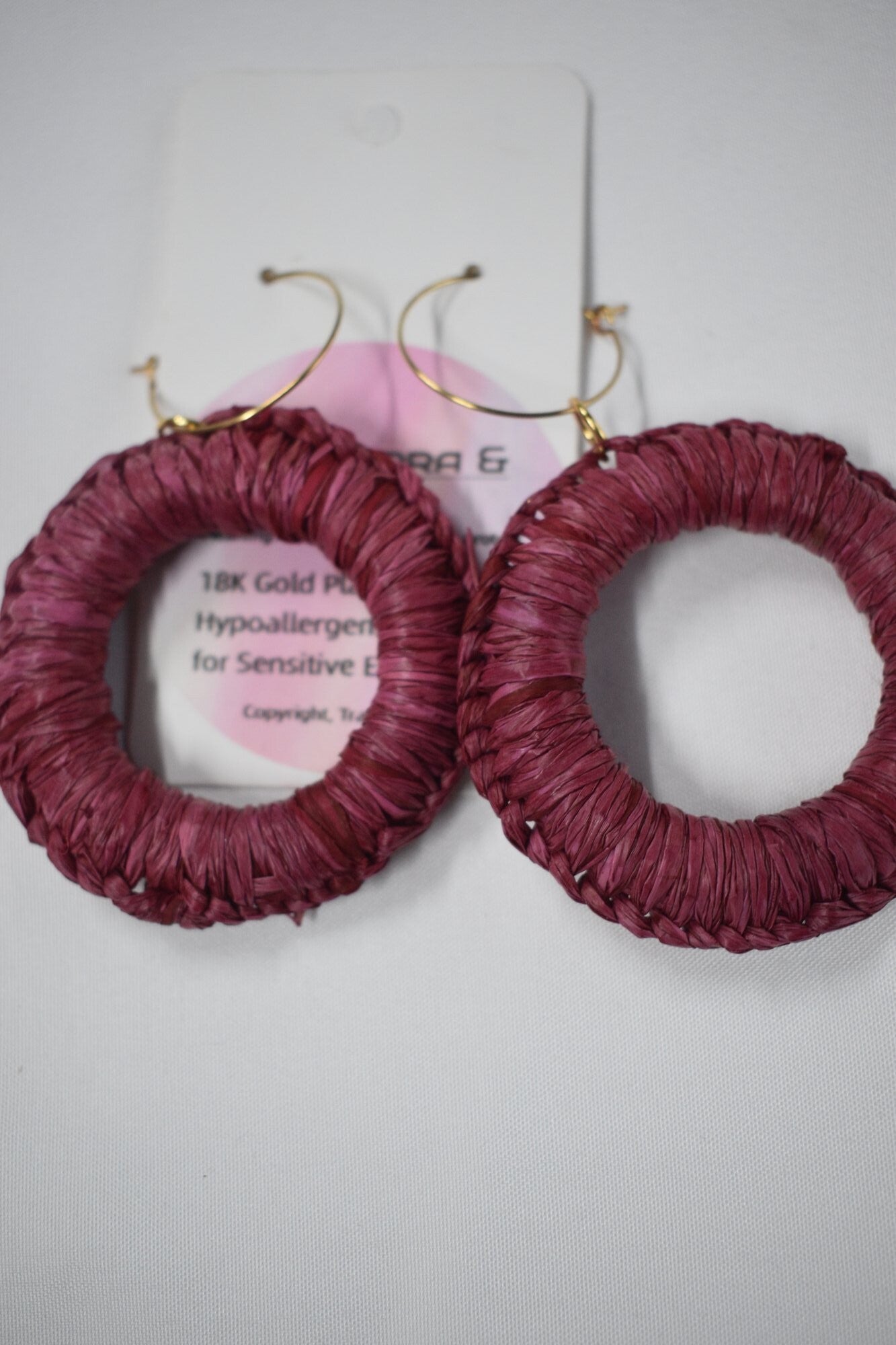 Round Hoop Raffia Earrings - Pink & Magenta