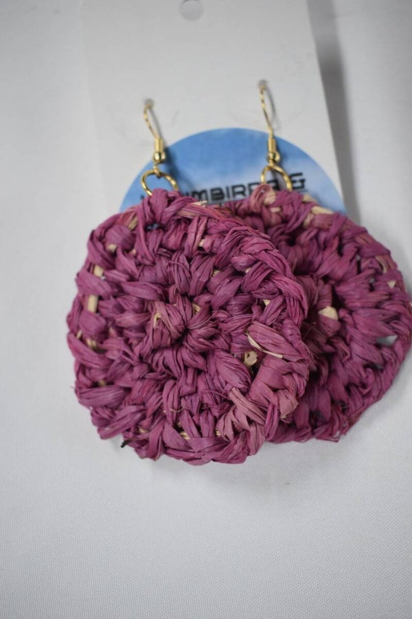 Round Disc Raffia Earrings - Pink & Magenta