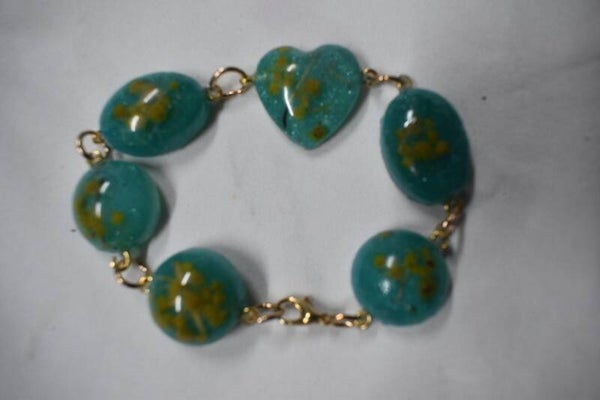 Oval Beads & Heart Bracelet - Teal