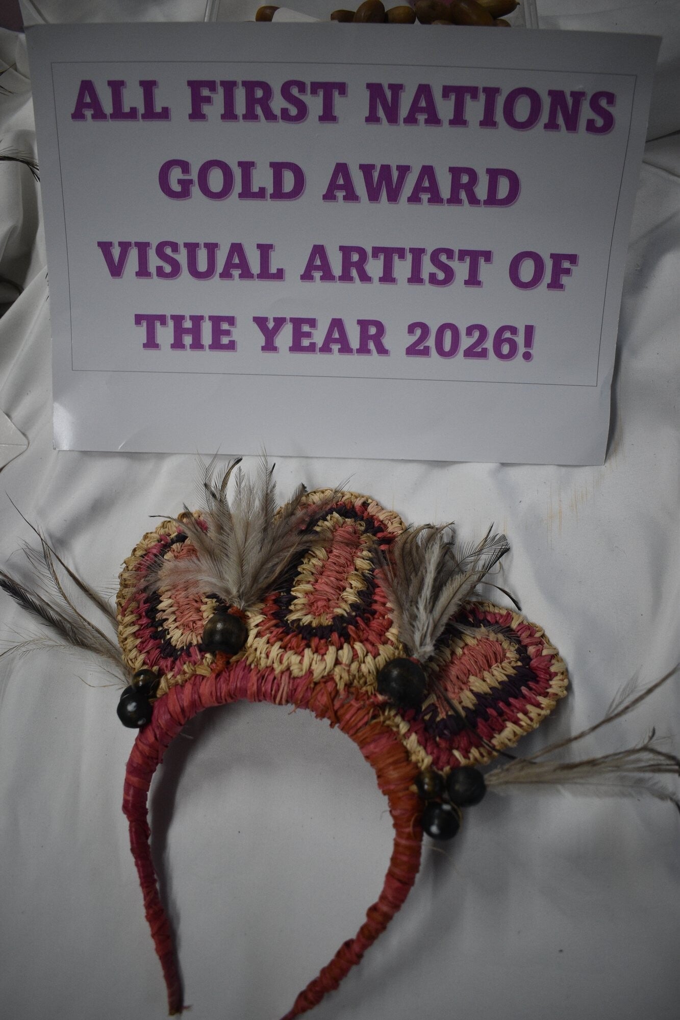 Raffia Headband With Feather And Bead Trim Headpiece - Red & Pink Raffia