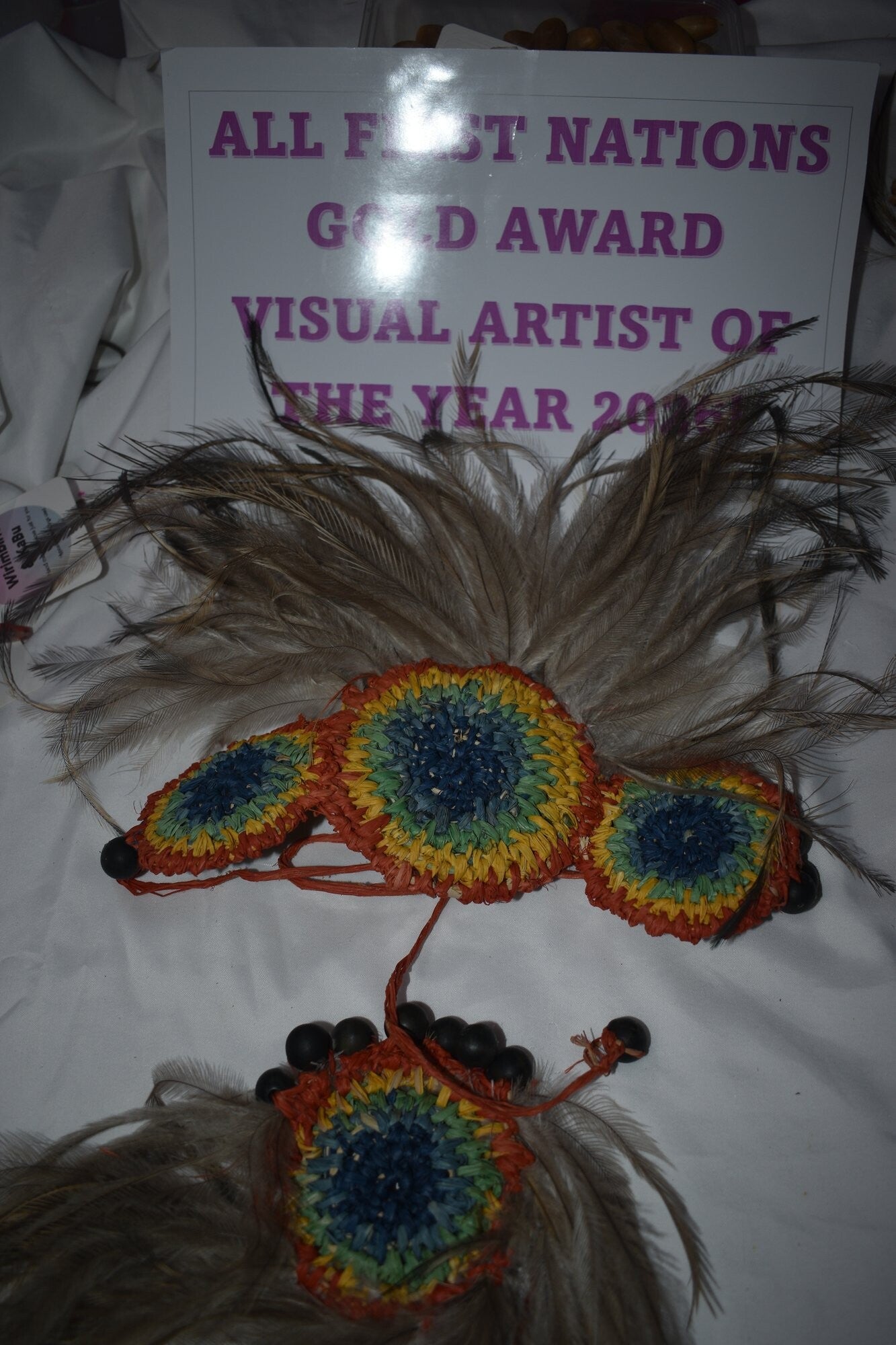 Round Crochet Raffia Hair Piece With Feathers - Rainbow