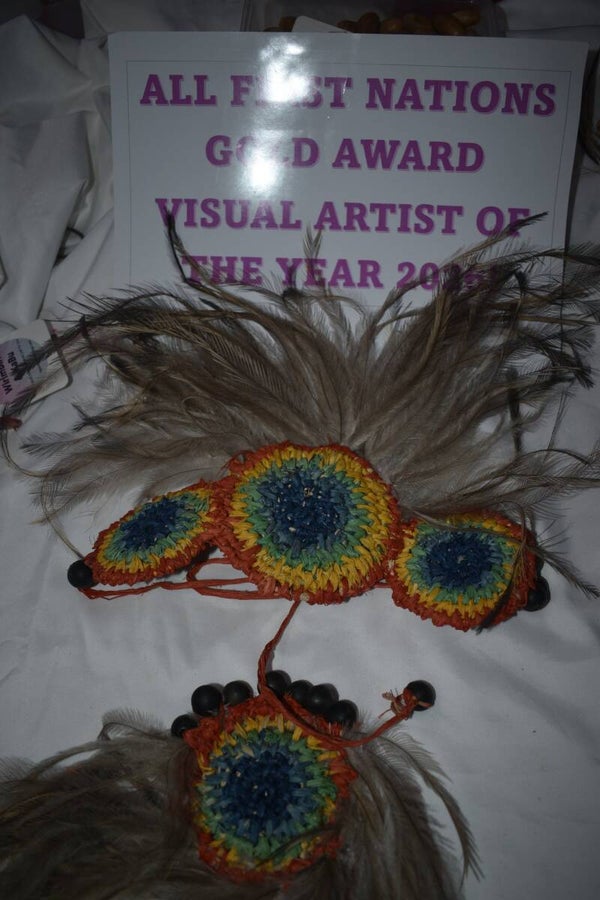 Round Crochet Raffia Hair Piece With Feathers - Rainbow