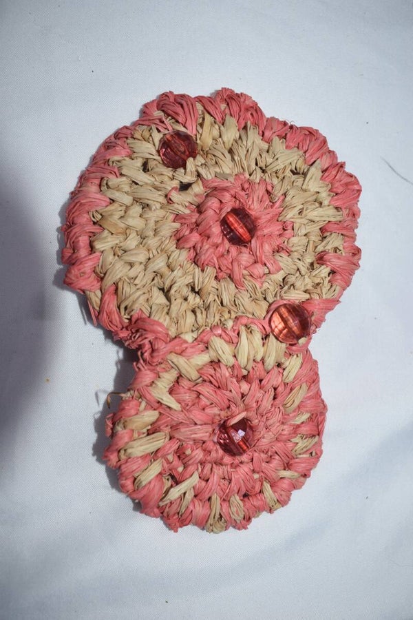 Figure-8 Double Round Crochet Raffia Hair Comb - Pink & Natural Raffia