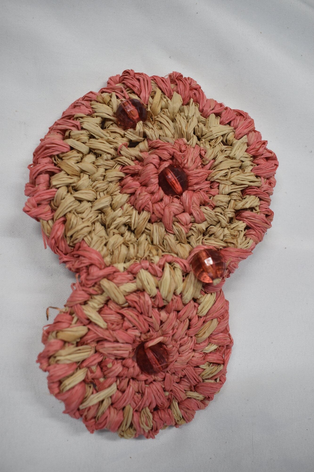 Figure-8 Double Round Crochet Raffia Hair Comb - Pink & Natural Raffia