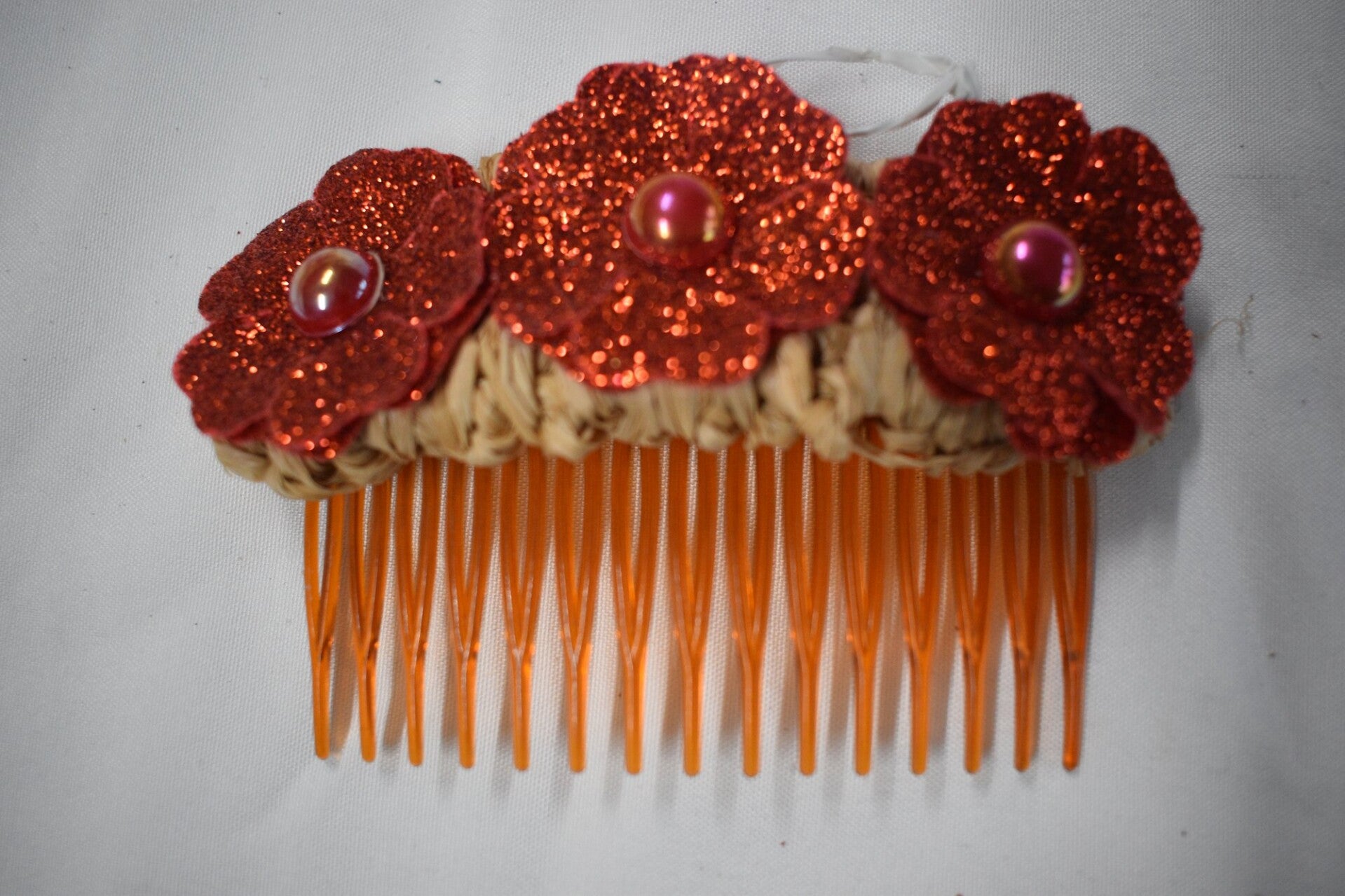 Raffia Hair Comb And Earrings Set - Red Glitter Flowers