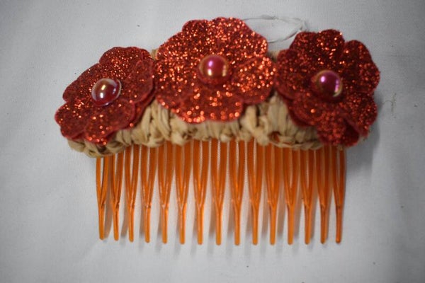 Raffia Hair Comb And Earrings Set - Red Glitter Flowers