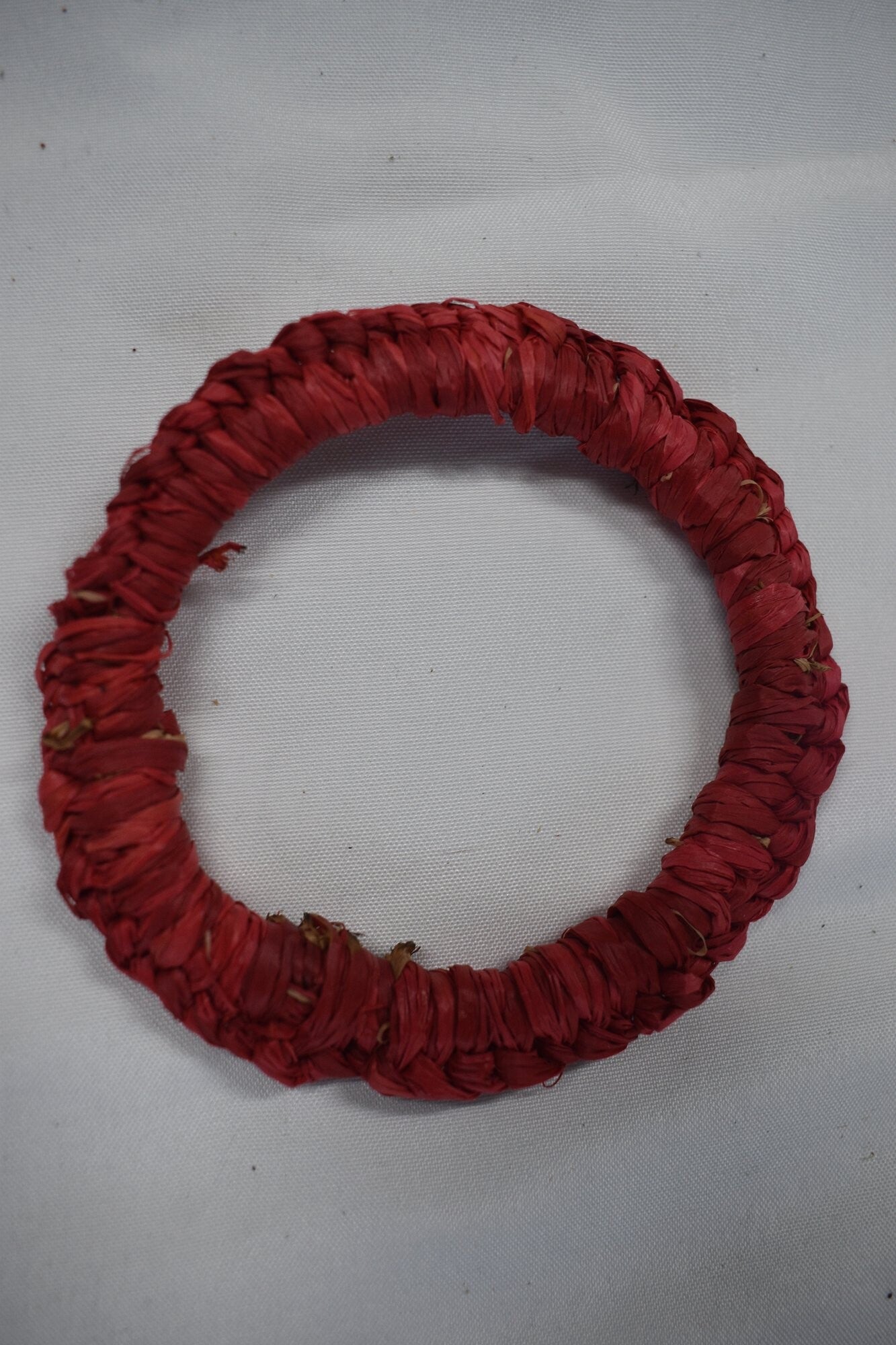 Round Bangle Band Bracelet - Red Fabric & Raffia