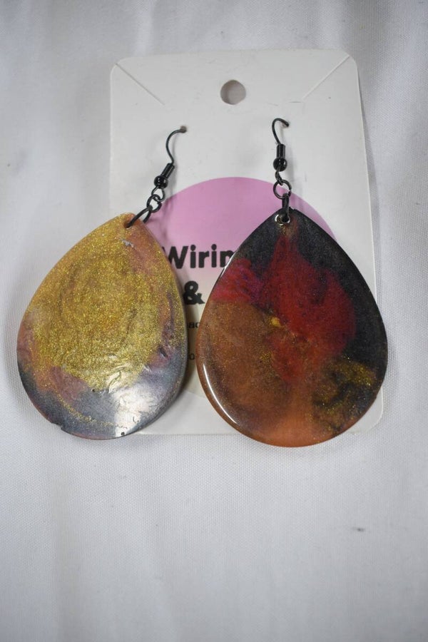 Large Teardrop Resin Earrings - Gold, Red & Black Swirl