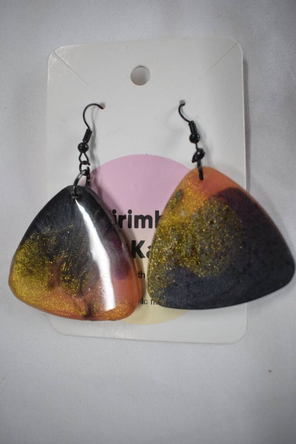 Guitar Pick Resin Earrings - Orange, Gold Glitter & Black
