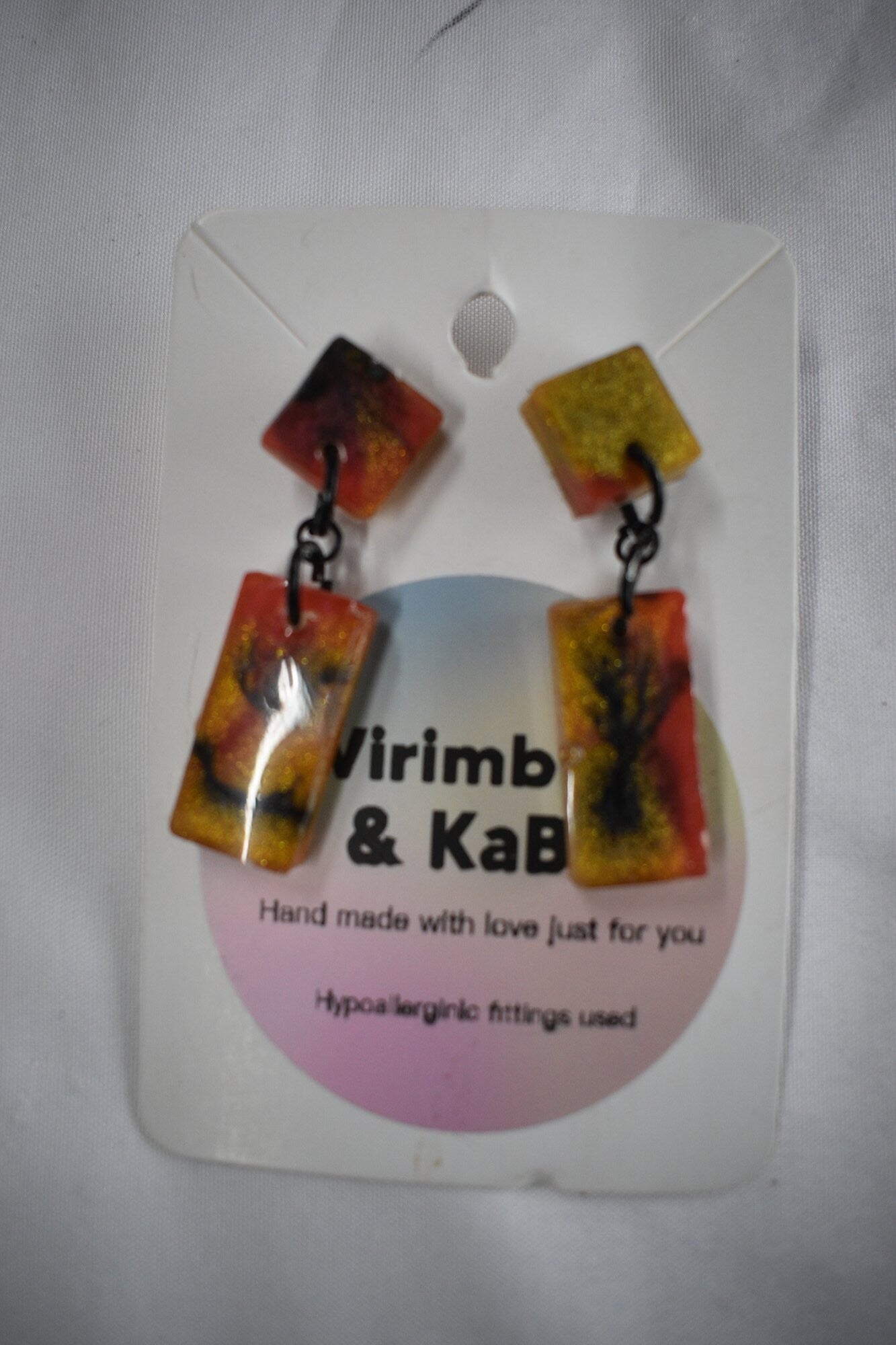 Rectangle With Small Diamond Dangle Resin Earrings - Orange, Gold & Black