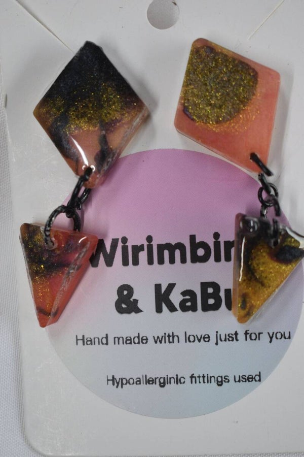 Triangle With Diamond Dangle Resin Earrings - Pink, Gold Glitter & Black