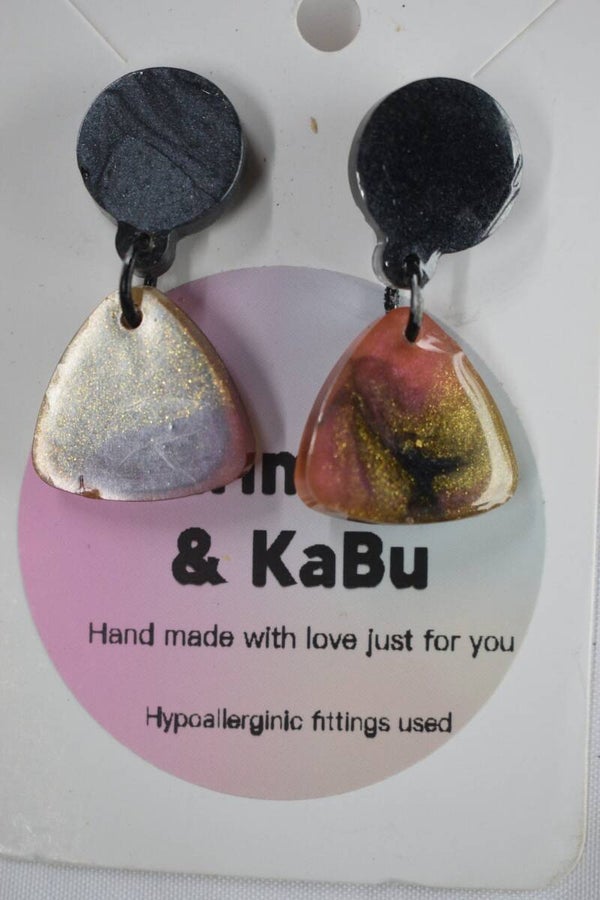 Guitar Pick With Round Drop Resin Earrings - Pink, Gold, White & Black