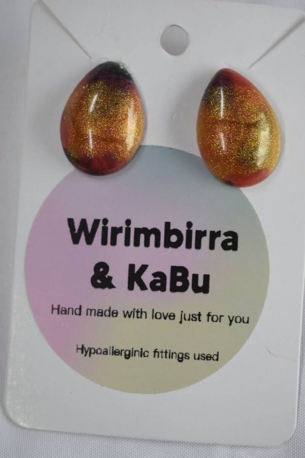 Teardrop Stud Resin Earrings - Orange, Red & Gold Glitter