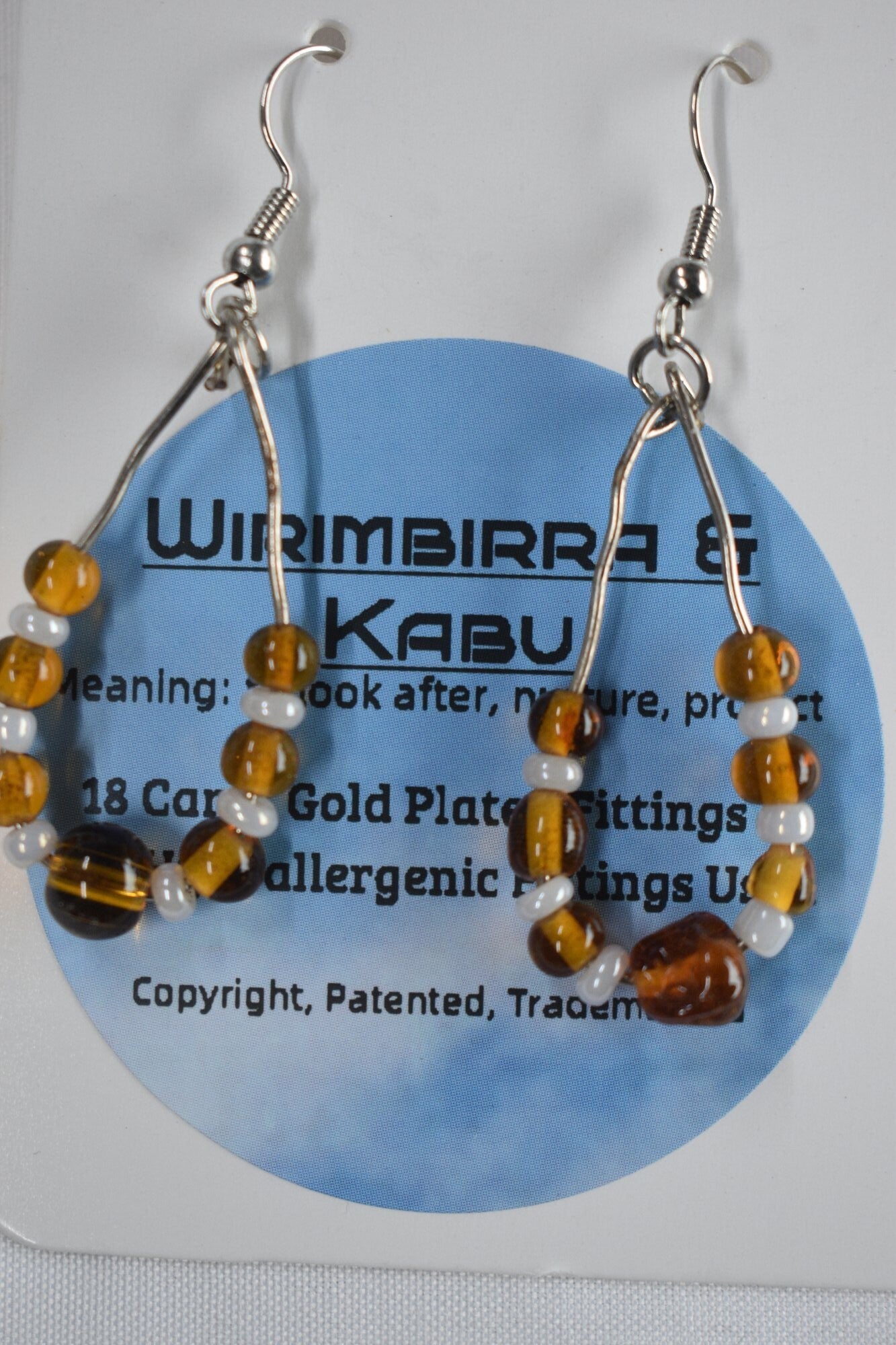 Cultural Jewellery - Teardrop Hoop Beaded Earrings - Amber & White Seed Beads