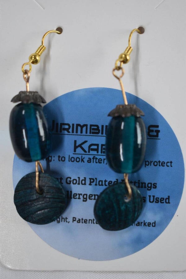 Round Resin Disc With Glass Bead Beaded Earrings - Teal & Blue