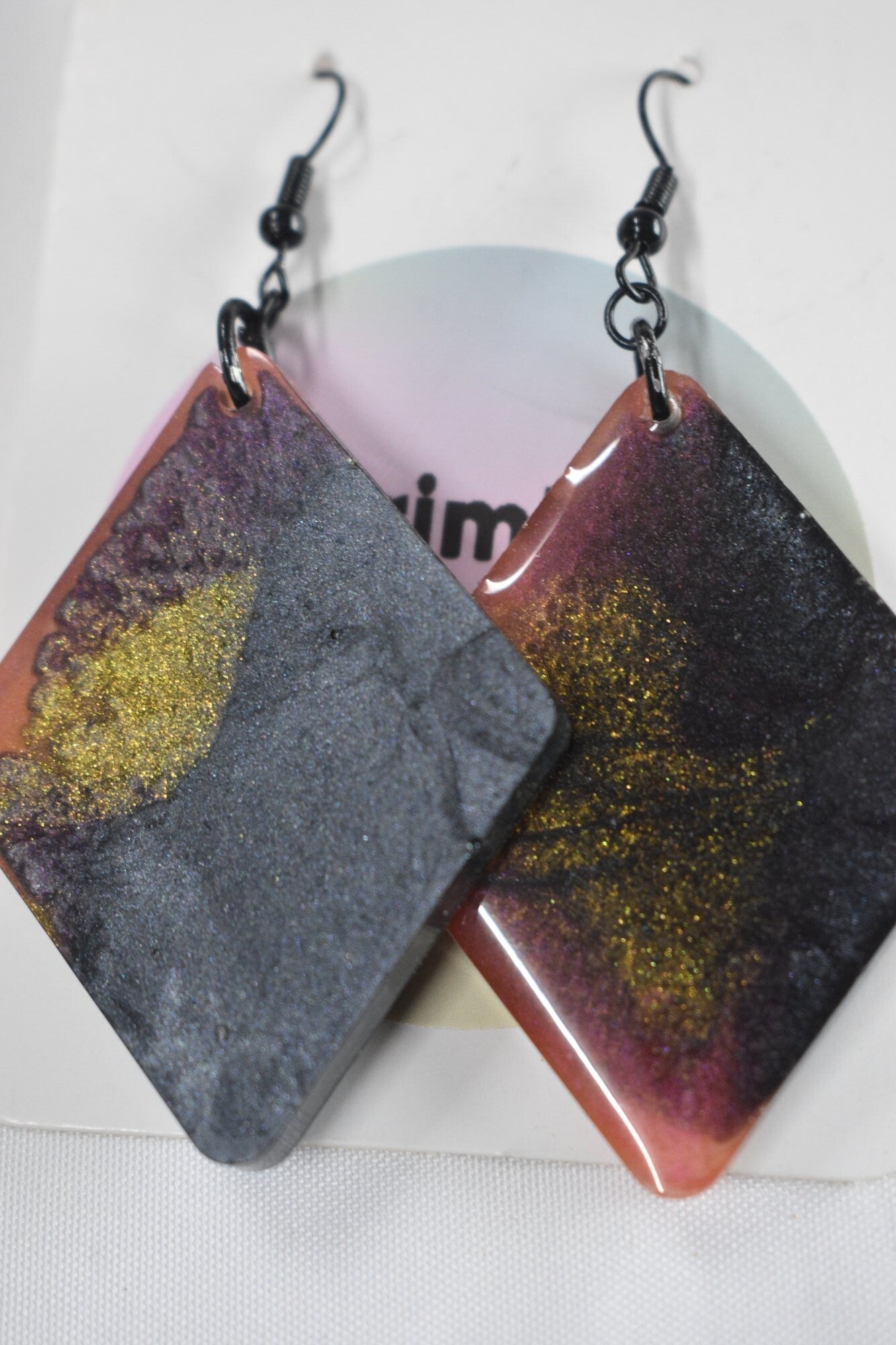 Diamond Resin Earrings - Charcoal, Gold & Red