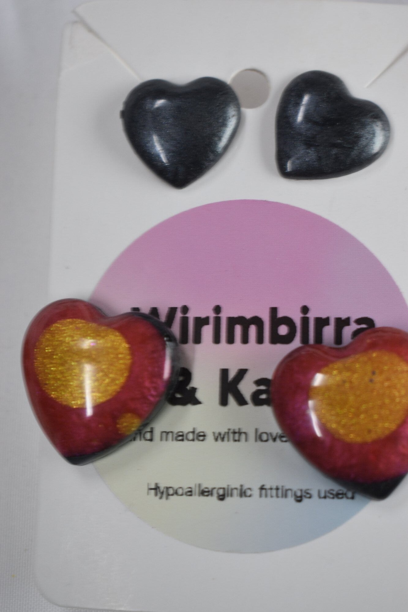 Heart Dangle And Black Heart Stud Earrings - Red, Gold & Black